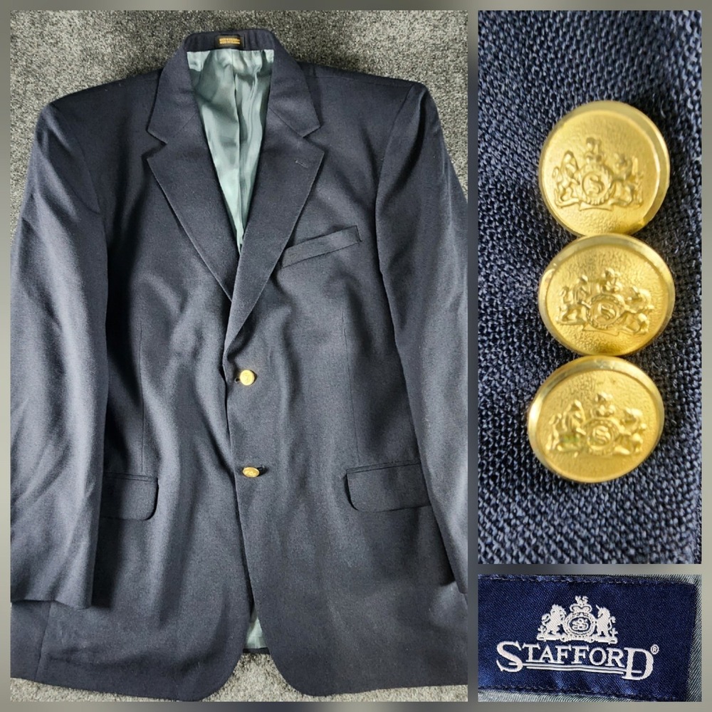VTG Stafford Mens Navy Blue Hopsack Blazer Gold Buttons Wool Blend Jacket 44R